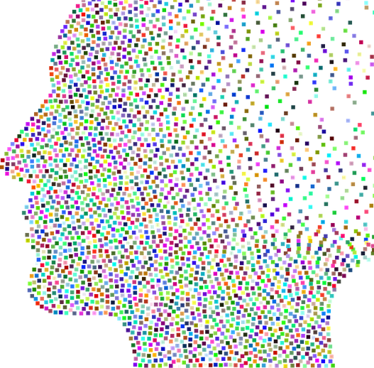 Profilansicht eines Kopfes gebildet aus vielen bunten Punkten, zum Hinterkopf auslaufend. Grafik