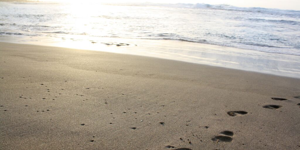 Strand Meer Fußspuren im Sand Gegenlicht