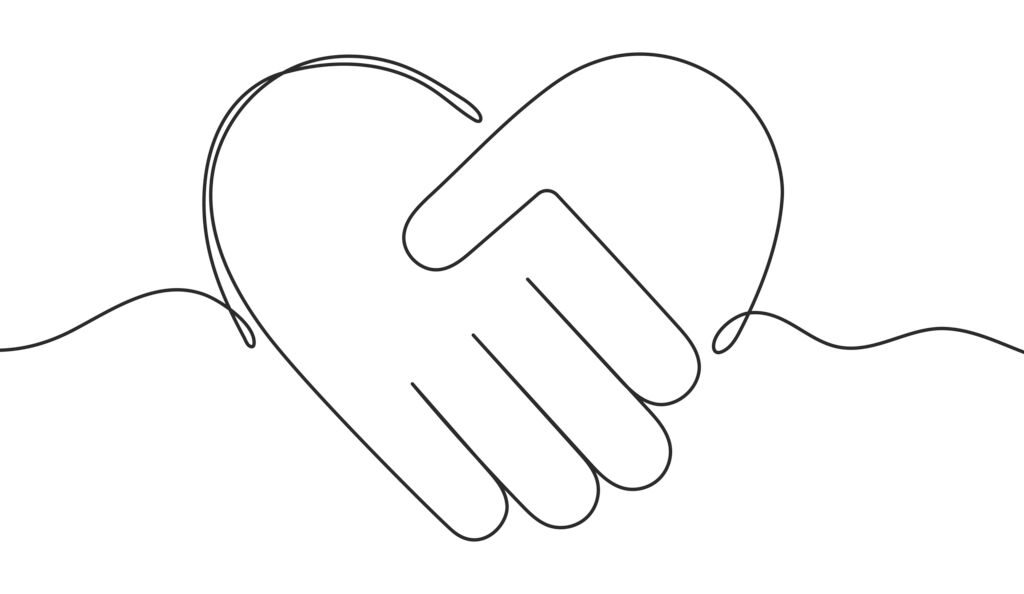 Grafik Händeschütteln in Herzform gebildet aus einzelner schwarzer Linie vor weißem Hintergrund. Vector illustration isolated on white