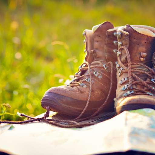 Wanderschuhe und Landkarte auf Bank vor Wiese in mildem Sonnenlicht