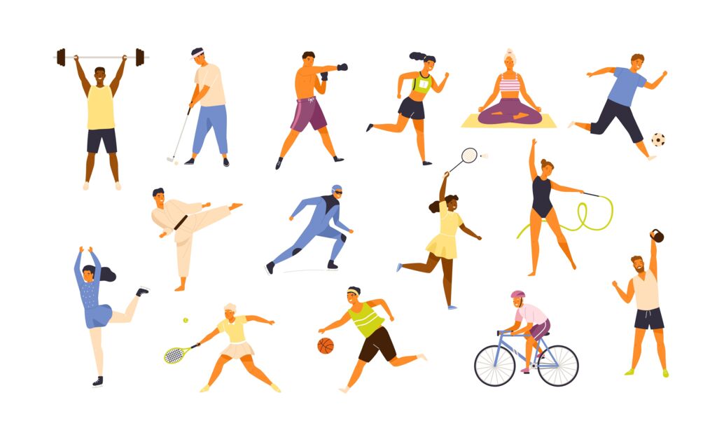 Sammlung von Cartoon-Figueren. Einzelne Männer und Frauen bei verschiedenen sportlichen Aktivitäten vor weißem Hintergrund. Vector illustration